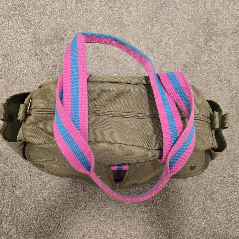 Ralph Lauren Messenger Bag Army Green Canvas Pink Stripes Travel Vacation - Picture 3 of 13